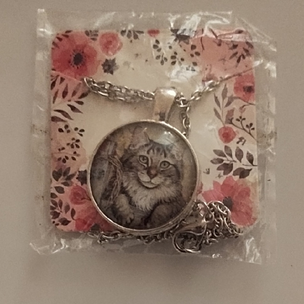 Handmade Cat Pendant Necklace with Silver Chain